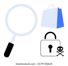 Magnifying glass, shopping bag, lock and skull bones. Ideal for cybersecurity, online shopping, risk, security, ecommerce. Simple vector style with clear symbols in black and blue