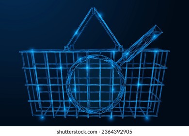 Magnifying glass and shopping basket. Analysis of demand for purchased products. Polygonal design of interconnected lines and points. Blue background.