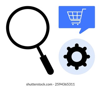 Magnifying glass, shopping cart in blue speech bubble, and gear icon. Ideal for search engine optimization, e-commerce, technology, online shopping, digital marketing, customer service, product