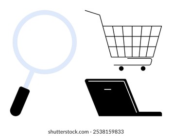 A magnifying glass, a shopping cart, and a laptop are prominently displayed. Ideal for online shopping, e-commerce, digital marketing, product search, and business technology themes. Simple vector