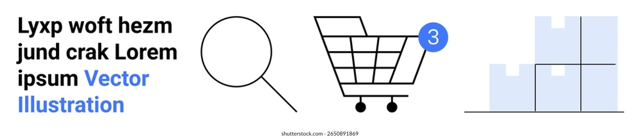 Lupa, carrinho de compras com notificação e prateleiras de armazenamento do depósito. Ideal para compras on-line, gerenciamento de estoque, plataformas de comércio eletrônico, logística, varejo e atendimento ao cliente