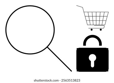 Magnifying glass, shopping cart, and padlock portray online security in e-commerce. Ideal for e-commerce, online shopping, security, data protection, and consumer safety. Minimalist line art style