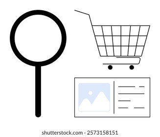 Magnifying glass shopping cart and product page layout Ideal for e-commerce digital marketing, online store interface customer experience user navigation shopping search functionalities product