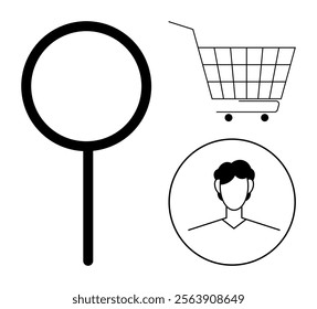 Magnifying glass shopping cart and user profile icons in black outlines. Ideal for e-commerce websites user interface design online shopping applications and customer profile management. Clean