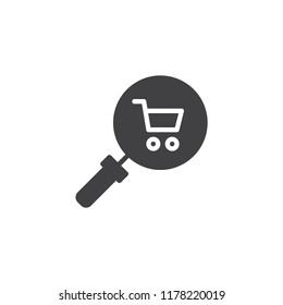 Magnifying glass and shopping cart vector icon. filled flat sign for mobile concept and web design. Shop search simple solid icon. Symbol, logo illustration. Pixel perfect vector graphics