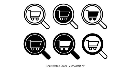 Magnifying Glass with Shopping Carts Market Research Visuals Icons Vector Design Illustration