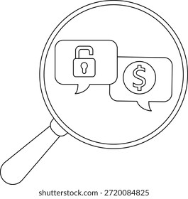 Una lupa muestra dos burbujas de discurso, una con un candado abierto y la otra con un signo de dólar en el interior