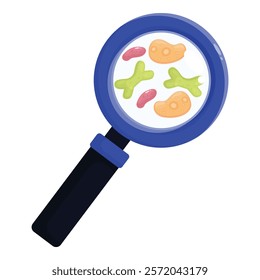 Magnifying glass showing bacteria and germs being studied by scientist in microbiology laboratory for scientific research