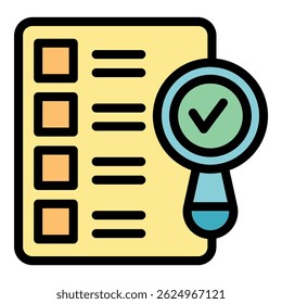 Magnifying glass is showing check mark over checklist, concept of quality control and business inspection