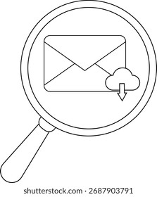 Vergrößerungsglas zeigt Umschlag und Wolke mit Pfeil nach unten, was auf Mail-Download hindeutet