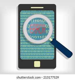 Magnifying glass showing error code on smartphone. Smartphone error code