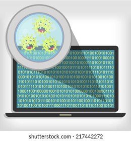 Magnifying glass showing germs on laptop. Germs on laptop