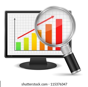 Magnifying Glass Showing Growing Bar Graph On The Screen Of Computer Monitor, Vector Eps10 Illustration