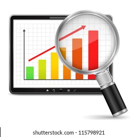 Magnifying Glass Showing Growing Bar Graph On The Screen Of Tablet Computer, Vector Eps10 Illustration