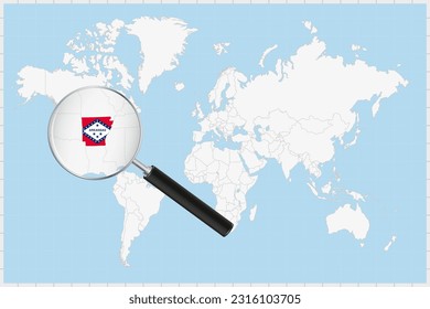 Magnifying glass showing a map of Arkansas on a world map. Arkansas flag and map enlarge in lens. Vector Illustration.