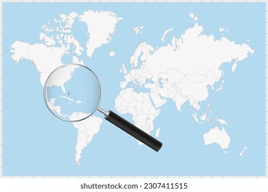 Magnifying glass showing a map of The Bahamas on a world map. The Bahamas flag and map enlarge in lens. Vector Illustration.