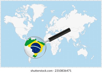 Magnifying glass showing a map of Brazil on a world map. Brazil flag and map enlarge in lens. Vector Illustration.