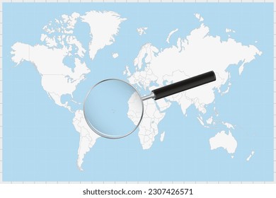 Magnifying glass showing a map of Cape Verde on a world map. Cape Verde flag and map enlarge in lens. Vector Illustration.