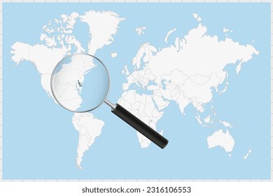 Magnifying glass showing a map of Delaware on a world map. Delaware flag and map enlarge in lens. Vector Illustration.