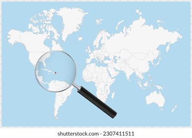 Magnifying glass showing a map of Dominican Republic on a world map. Dominican Republic flag and map enlarge in lens. Vector Illustration.