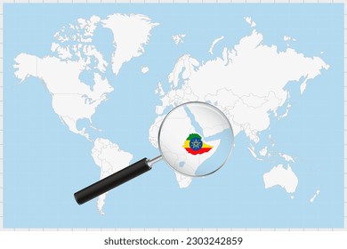 Magnifying glass showing a map of Ethiopia on a world map. Ethiopia flag and map enlarge in lens. Vector Illustration.