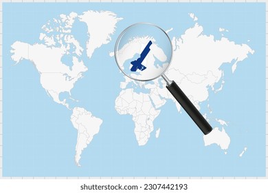 Magnifying glass showing a map of Finland on a world map. Finland flag and map enlarge in lens. Vector Illustration.