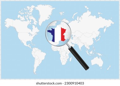 Magnifying glass showing a map of France on a world map. France flag and map enlarge in lens. Vector Illustration.