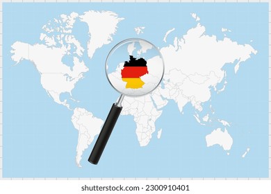 Wunderbares Glas, das auf einer Weltkarte eine Landkarte Deutschlands zeigt. Deutschland Flaggen und Karte vergrößert sich im Objektiv. Vektorgrafik.