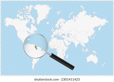 Wunderbares Glas, das eine Karte von Guyana auf einer Weltkarte zeigt. Guyana Fahne und Karte vergrößert sich im Objektiv. Vektorgrafik.