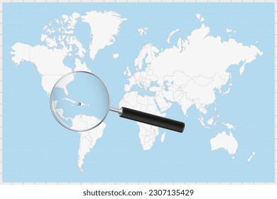 Magnifying glass showing a map of Haiti on a world map. Haiti flag and map enlarge in lens. Vector Illustration.