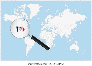 Magnifying glass showing a map of Iowa on a world map. Iowa flag and map enlarge in lens. Vector Illustration.