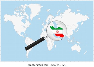 Magnifying glass showing a map of Iran on a world map. Iran flag and map enlarge in lens. Vector Illustration.