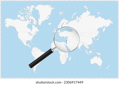 Magnifying glass showing a map of Israel on a world map. Israel flag and map enlarge in lens. Vector Illustration.
