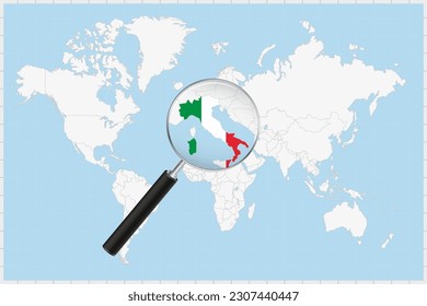 Magnifying glass showing a map of Italy on a world map. Italy flag and map enlarge in lens. Vector Illustration.