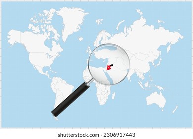 Magnifying glass showing a map of Jordan on a world map. Jordan flag and map enlarge in lens. Vector Illustration.