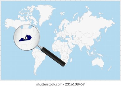 Magnifying glass showing a map of Kentucky on a world map. Kentucky flag and map enlarge in lens. Vector Illustration.