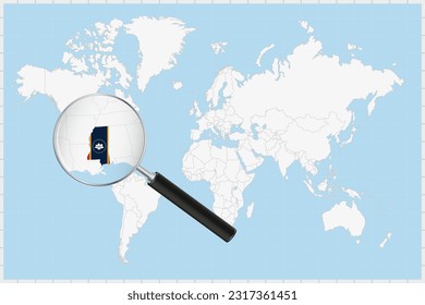 Magnifying glass showing a map of Mississippi on a world map. Mississippi flag and map enlarge in lens. Vector Illustration.