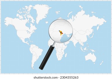 Magnifying glass showing a map of Moldova on a world map. Moldova flag and map enlarge in lens. Vector Illustration.