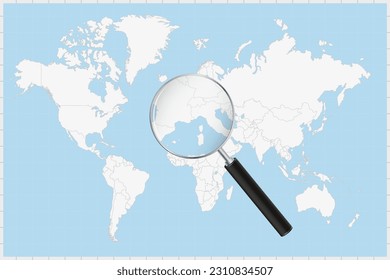 Magnifying glass showing a map of Monaco on a world map. Monaco flag and map enlarge in lens. Vector Illustration.