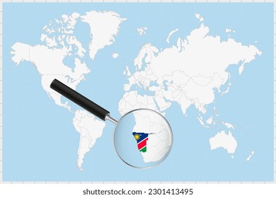 Magnifying glass showing a map of Namibia on a world map. Namibia flag and map enlarge in lens. Vector Illustration.