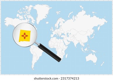Magnifying glass showing a map of New Mexico on a world map. New Mexico flag and map enlarge in lens. Vector Illustration.