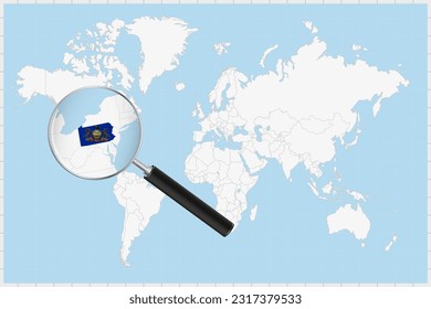 Magnifying glass showing a map of Pennsylvania on a world map. Pennsylvania flag and map enlarge in lens. Vector Illustration.
