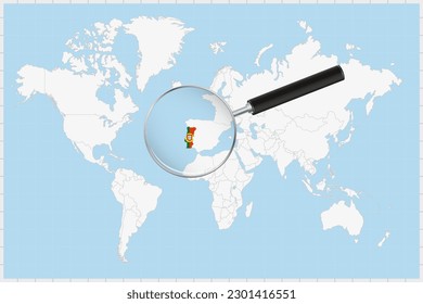 Magnifying glass showing a map of Portugal on a world map. Portugal flag and map enlarge in lens. Vector Illustration.