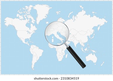 Magnifying glass showing a map of San Marino on a world map. San Marino flag and map enlarge in lens. Vector Illustration.