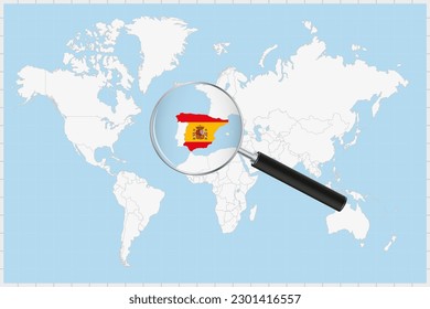 Magnifying glass showing a map of Spain on a world map. Spain flag and map enlarge in lens. Vector Illustration.