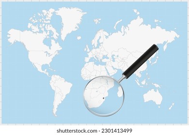 Magnifying glass showing a map of Swaziland on a world map. Swaziland flag and map enlarge in lens. Vector Illustration.