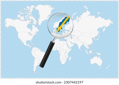 Magnifying glass showing a map of Sweden on a world map. Sweden flag and map enlarge in lens. Vector Illustration.