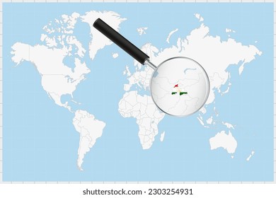 Magnifying glass showing a map of Tajikistan on a world map. Tajikistan flag and map enlarge in lens. Vector Illustration.