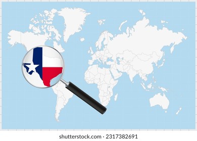 Magnifying glass showing a map of Texas on a world map. Texas flag and map enlarge in lens. Vector Illustration.