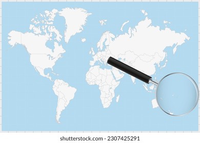 Magnifying glass showing a map of Tonga on a world map. Tonga flag and map enlarge in lens. Vector Illustration.